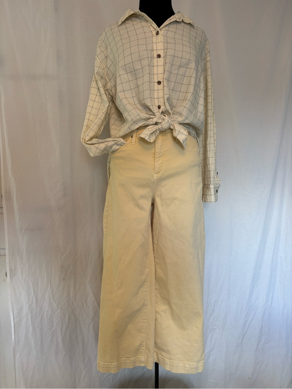 Womens Cream Oversized Cotton Windowpane Shirt Coastal Cottagecore Medium